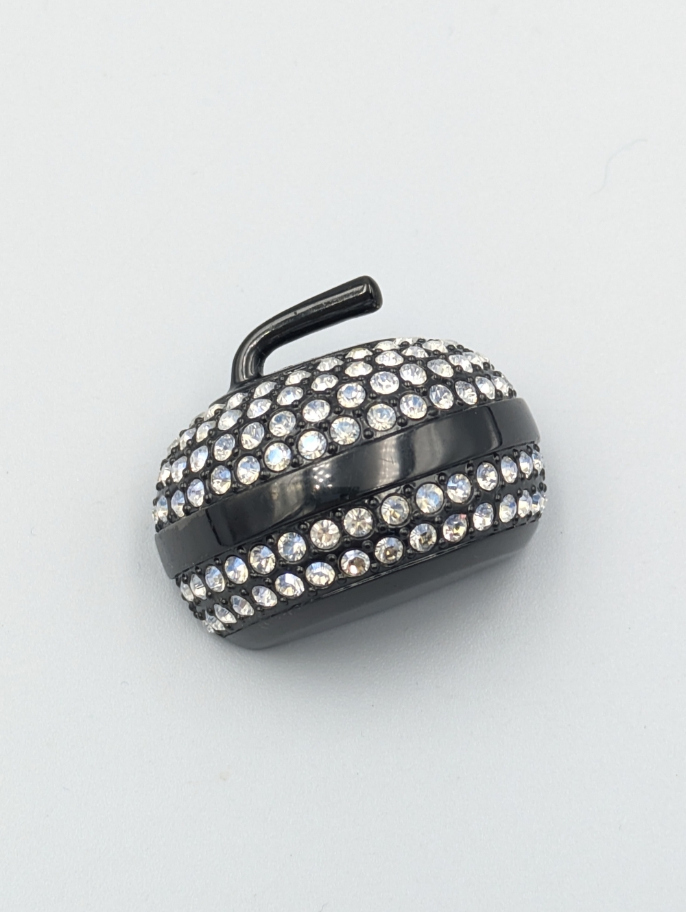 Vintage signed Butler curling stone rock black and rhinestone brooch pin
